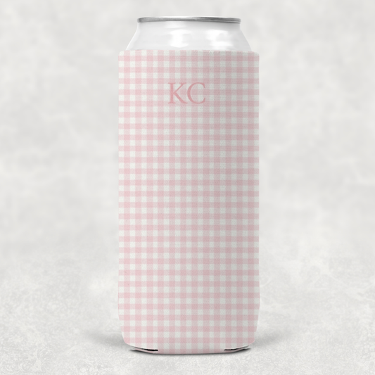 Personalized Slim Can Cooler – Custom Drink Sleeve (Pink Gingham)